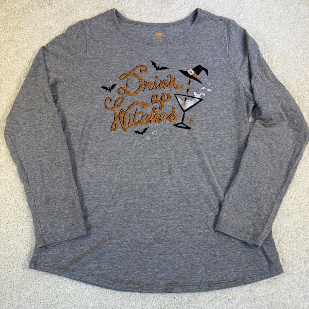 Halloween Drink Up Witches Glitter Graphic Gray Long Sleeve Top‎ L (12-14)